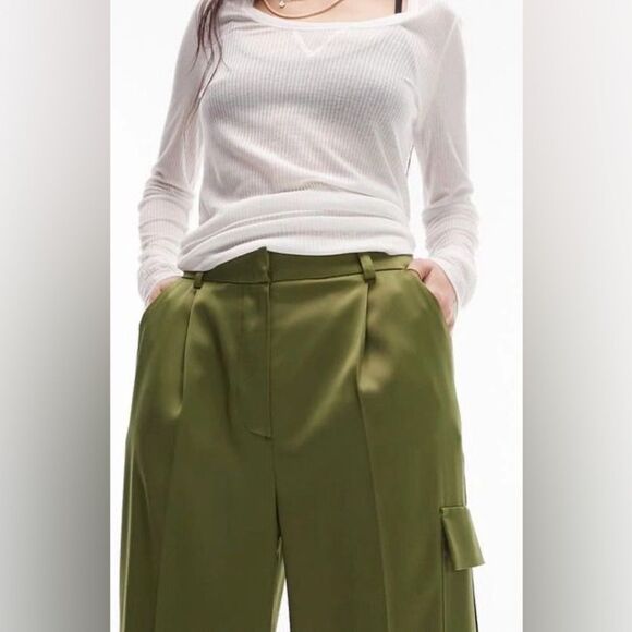 NEW Topshop satin cargo wide leg pants in khaki army olive green size 2 NWT - Picture 5 of 16
